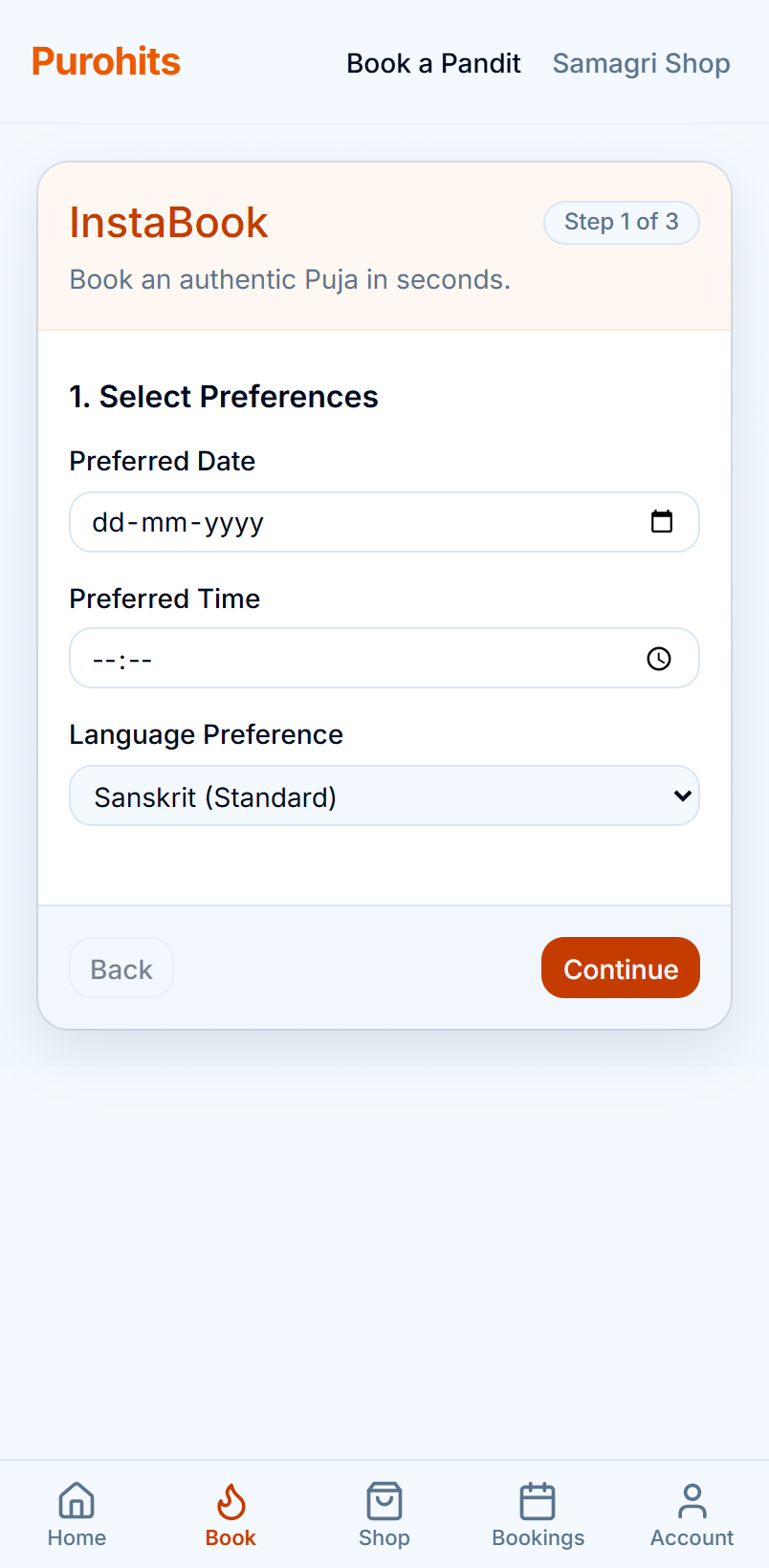 Purohits InstaBook — three-step pandit booking